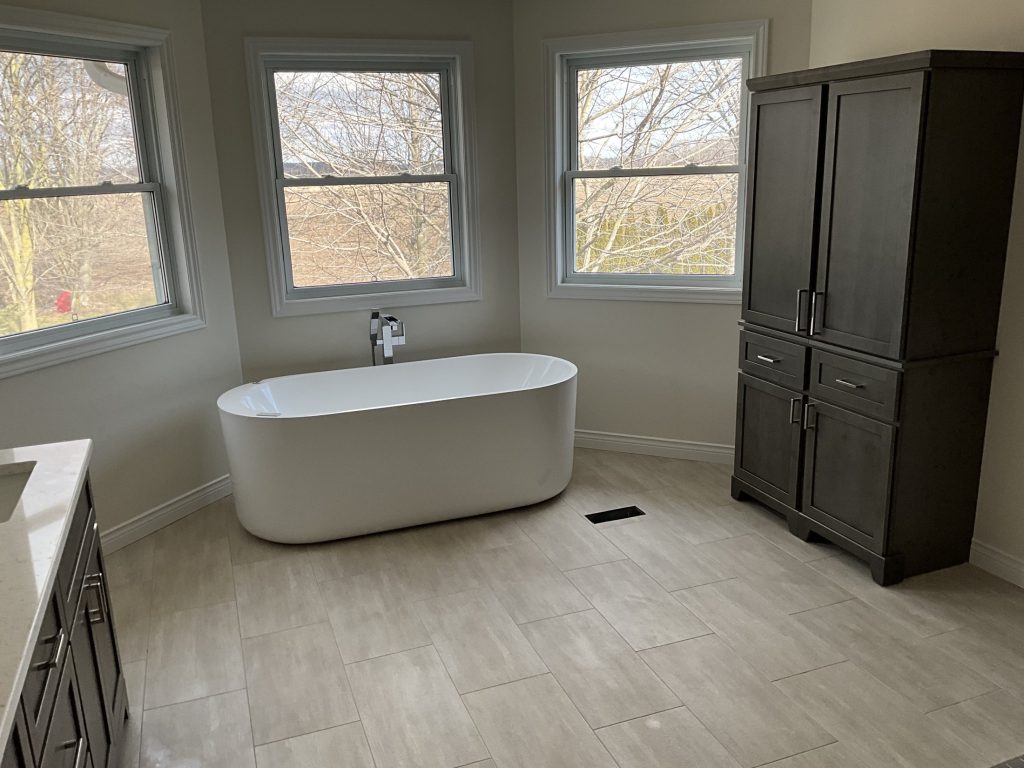 Freestanding tub in the renovated Drumbo bathroom