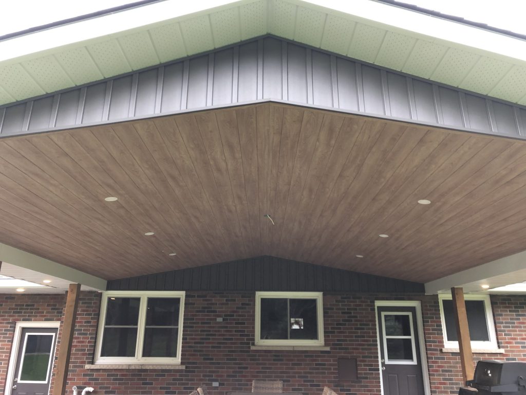 Gentek soffit panels beneath the covered deck roof
