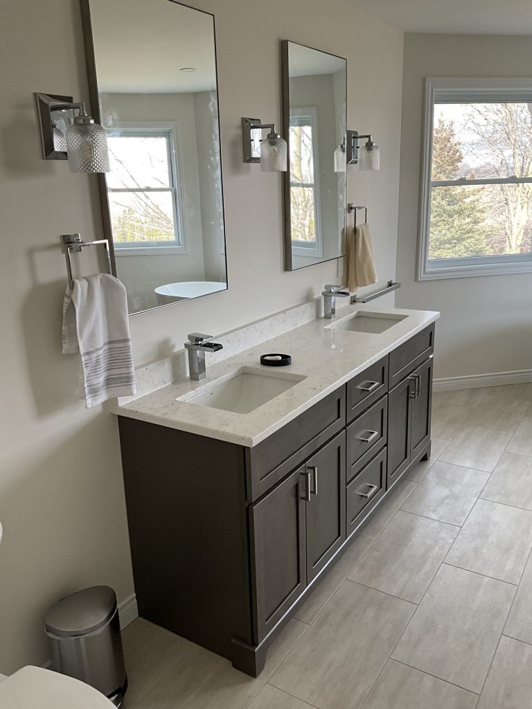 Double vanity and mirrors in the renovated Drumbo bathroom