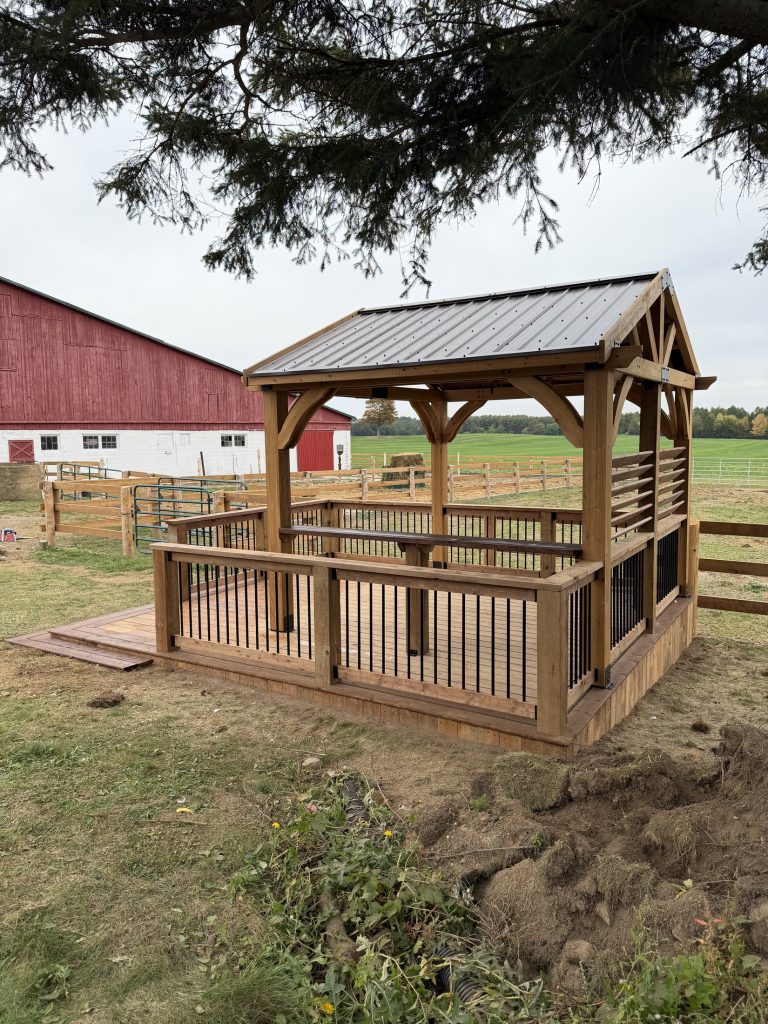 Completed deck and gazebo viewed across the yard