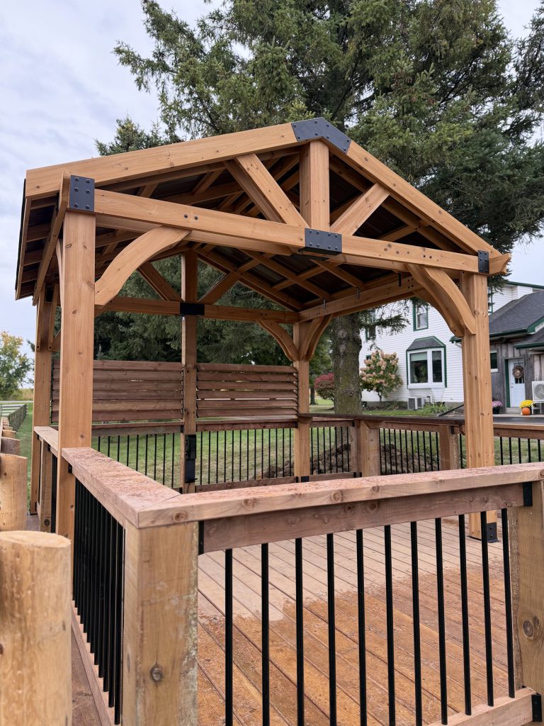 Timber joinery and railing at the gazebo corner